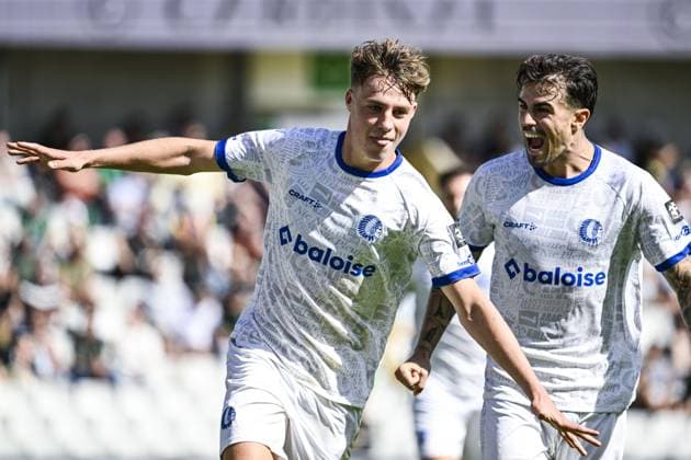 Gent s Tibe De Vlieger celebrates after scoring during a soccer match between Cercle Brugge and KAA Gent, Sunday 6 September 2026 in Brugge, on day 5 of the 2026-2027 Jupiler Pro League first division of the Belgian championship. TOM GOYVAERTS TomxGoyvaerts  x185441335x
