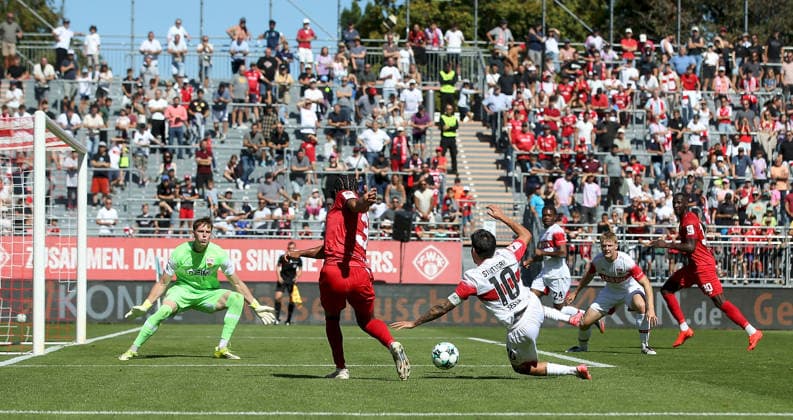September 6, 2026, xfsx, Men s, Soccer, 2026–2027 Season, 3rd Division, Matchday 4: FC Würzburger Kickers vs. VfB Stuttgart II; from left: Jerik von der Felsen (VfB Stuttgart II), David Abrangao (FC Würzburger Kickers), Nicolas Sessa (VfB Stuttgart II), Tarsis Bonga (FC Würzburger Kickers), Würzburg, AKON ARENA, Bavaria, Germany