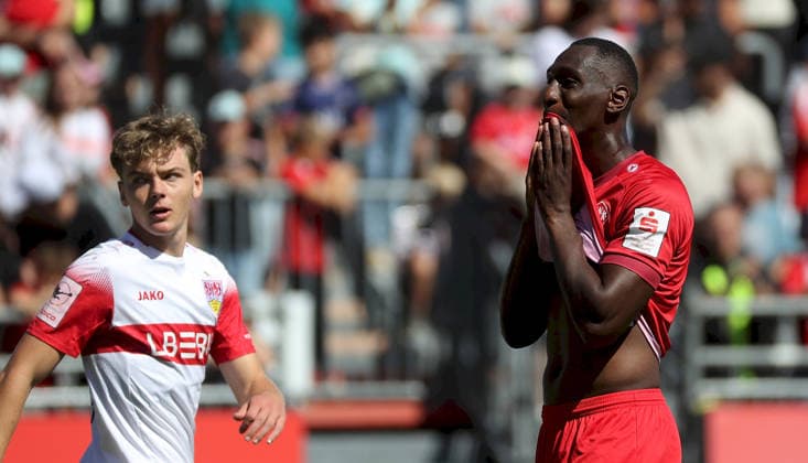 September 6, 2026, xfsx, Men s, Soccer, 2026–2027 Season, 3rd Division, Matchday 4: FC Würzburger Kickers vs. VfB Stuttgart II; from left: Maximilian Herwerth (VfB Stuttgart II) and Tarsis Bonga (FC Würzburger Kickers) looking disappointed; disappointment; Würzburg AKON ARENA, Bavaria, Germany