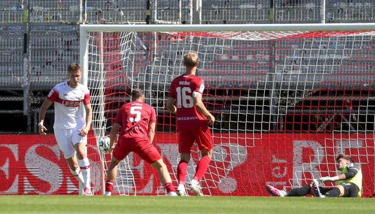 September 6, 2026, xfsx, Men s, Soccer, 2026–2027 Season, 3rd Division, Matchday 4: FC Würzburger Kickers vs. VfB Stuttgart II; from left: Oliver Roelke (VfB Stuttgart II) scores the goal (0–1), Leo Eberle (FC Würzburger Kickers), Louis Breunig (FC Würzburger Kickers), Johann Hipper (FC Würzburger Kickers), Wuerzburg, AKON ARENA, Bavaria, Germany