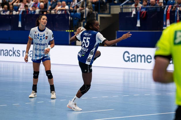 HSG Blomberg Lippe (GER) vs. Gloria Bistrita (ROM), Handball, EHF Champions League Women, Group Stage, September 6, 2026, 2026–2027 Season, Lemgo’s Farrelle Njinkeu of HSG Blomberg Lippe, 55 on a 7-meter throw at the Lemgo Phoenix Contact Arena in Germany