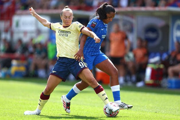 Crawley, England, 6th September 2026. Caitlin Foord of Arsenal and Manuela Vanegas of Brighton & Hove Albion challenge for the ball during the Brighton Women vs Arsenal Women Barclays Women s Super League match at Broadfield Stadium, Crawley. Picture credit should read: Paul Terry Sportimage EDITORIAL USE ONLY. No use with unauthorised audio, video, data, fixture lists, club league logos or live services. Online in-match use limited to 120 images, no video emulation. No use in betting, games or single club league player publications. SPI_026_PT_Brighton_W_Arsenal_W SPI-4977-0026