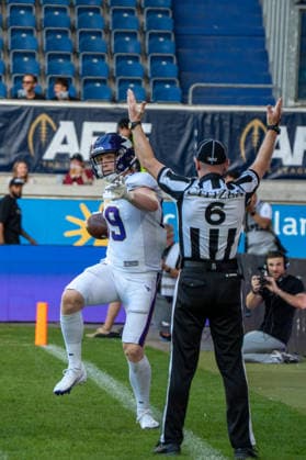 Germany, September 6, 2026, The AFLE Gold Bowl 2026: Panthers Wroclaw vs. Vienna Vikings, Schauinsland Reisen Arena, Duisburg, Germany—Florian Bierbaumer of the Vienna Vikings scores the first touchdown. Copyright: xMijoxLubecx