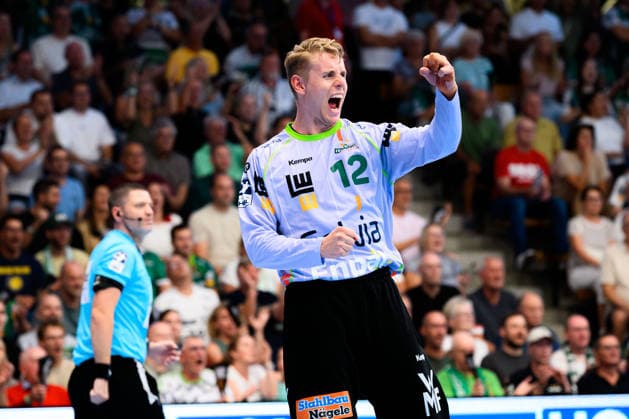 Göppingen HBL 26 27 Frisch Auf Göppingen THW Kiel Goalkeeper Kristian Saeveras Göppingen Celebration Joy Emotion Göppingen EWS Arena Baden-Württemberg Germany