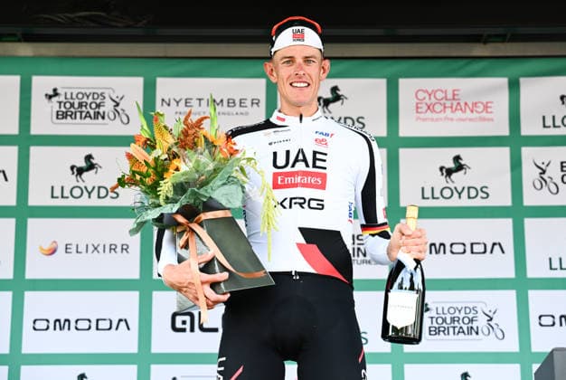 2026 Lloyds Tour of Britain Men Picture by Simon Wilkinson SWpix.com - 06 09 2026 - Cycling - UCI ProSeries - 2026 Lloyds Tour of Britain Men - Stage 5: Earlston to Earlston (156.1km) - Nils Politt (UAE Team Emirates XRG) celebrates winning stage 5 Copyright: x xSWpix.comx(t axPhotographyxHubxLtd)xSimonxWilkinson SWpix.comx SWP-3030-22961