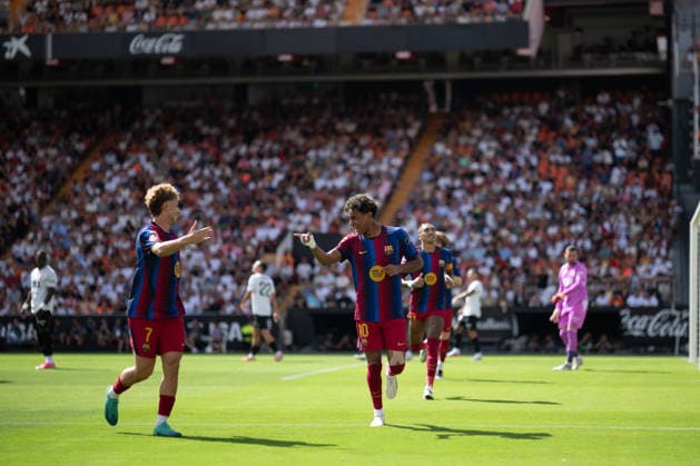 La Liga EA Regular Season Round 4 Lamine Yamal of FC Barcelona, Barca and Fermin of FC Barcelona celebrates his first goal of his team seen during the LaLiga EA round 4 match between Valencia CF and FC Barcelona at Ciutat de Valencia stadium, (Valencia ) on September 06, 2026. Copyright: xVicentexVidalxFernandezx