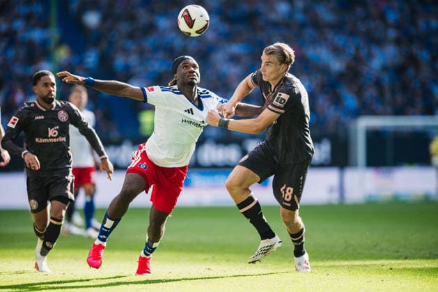 1. Bundesliga: Hamburger SV vs. 1. FSV Mainz 05, 06.09.2026 Terem Moffi (Hamburger SV, 9) gegen Kasper Potulski (1. FSV Mainz 05, 48), Zweikampf; Fußball, 1. Bundesliga, 2. Spieltag: Hamburger SV vs. 1. FSV Mainz 05 am 06.09.2026 im Volksparkstadion, Hamburg DFL REGULATIONS PROHIBIT ANY USE OF PHOTOGRAPHS AS IMAGE SEQUENCES AND OR QUASI-VIDEO. *** 1 Bundesliga: Hamburger SV vs. 1 FSV Mainz 05, September 6, 2026—Terem Moffi (Hamburger SV), 9, vs. Kasper Potulski (1 FSV Mainz 05), 48, soccer tackle, 1 Bundesliga, Matchday 2: Hamburger SV vs. 1 FSV Mainz 05 on September 6, 2026, at the Volksparkstadion, Hamburg. DFL regulations prohibit any use of photographs as image sequences and or quasi-video. Copyright: xBEAUTIFULxSPORTS Tonhäuserx