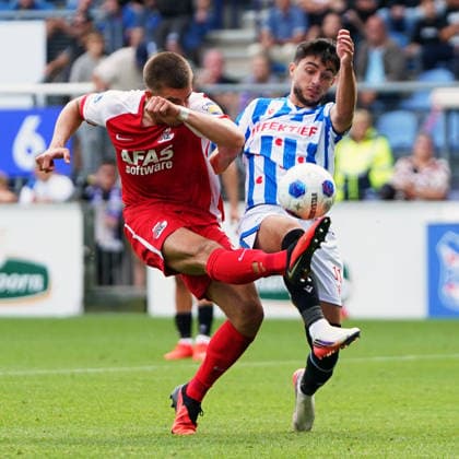 2026-09-06 VriendenLoterij Eredivisie: SC Heerenveen v AZ Alkmaar HEERENVEEN, NETHERLANDS - SEPTEMBER 6: Wouter Goes of AZ Alkmaar and Luca Oyen of sc Heerenveen during the VriendenLoterij Eredivisie match between SC Heerenveen and AZ Alkmaar at Abe Lenstra stadion on September 6, 2026 in Heerenveen, Netherlands. Heerenveen Abe Lenstra stadion Netherlands Content not available for redistribution in The Netherlands directly or indirectly through any third parties. Copyright: xAndrexWeeningx