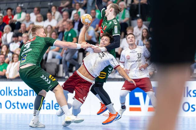 L R Daniel Astrup Pedersen, GWD Minden, 03; Lukas Diedrich, TuSEM Essen, 16; Antonio Metzner, GWD Minden, 20 GER; GWD Minden vs. TuSEM Essen, Handball, 2nd Bundesliga, Matchday 2, 2026–2027 Season, September 6, 2026 GER, GWD Minden vs. TuSEM Essen, Handball, 2nd Bundesliga, Matchday 2, 2026–2027 season, September 6, 2026 Minden Copyright: xEibner-Pressefoto JanxRollingerx EP_JSK
