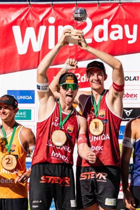 Beach volleyball, Beachvolleyball - MEVZA Schladming SCHLADMING,AUSTRIA,06.SEP.26 - BEACH VOLLEYBALL - win2day Tour PRO, MEVZA Schladming. Image shows Timo Hammarberg (AUT) and Tim Berger (AUT).  GEPAxpictures xJulioxArellano