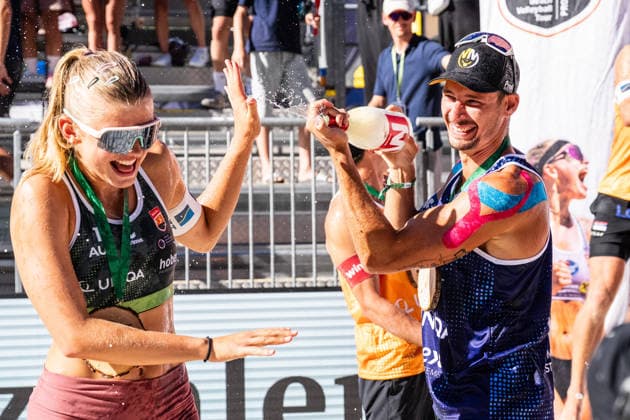 Beach volleyball, Beachvolleyball - MEVZA Schladming SCHLADMING,AUSTRIA,06.SEP.26 - BEACH VOLLEYBALL - win2day Tour PRO, MEVZA Schladming. Image shows Oleksandra Shkarupa (AUT) and Mathias Seiser (AUT).  GEPAxpictures xJulioxArellano