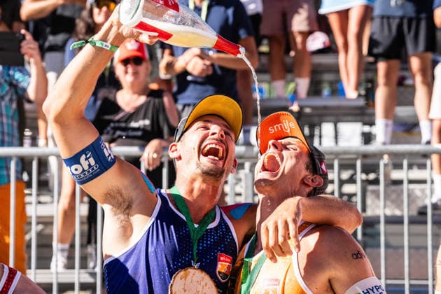 Beach volleyball, Beachvolleyball - MEVZA Schladming SCHLADMING,AUSTRIA,06.SEP.26 - BEACH VOLLEYBALL - win2day Tour PRO, MEVZA Schladming. Image shows Mathias Seiser (AUT) and Moritz Pristauz (AUT).  GEPAxpictures xJulioxArellano