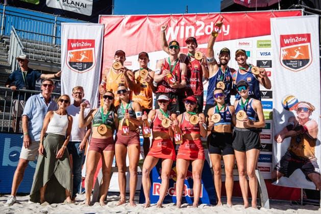 Beach volleyball, Beachvolleyball - MEVZA Schladming SCHLADMING,AUSTRIA,06.SEP.26 - BEACH VOLLEYBALL - win2day Tour PRO, MEVZA Schladming. Image shows Phillip Waller (AUT), Moritz Pristauz (AUT), Timo Hammarberg (AUT), Tim Berger (AUT), Mathias Seiser (AUT), Drexler Christoph (AUT), Magdalena Rabitisch (AUT), Oleksandra Shkarupa (AUT), Dorina klinger (AUT), Ronja Klinger (AUT), Tjasa Kotnik (SVK) and Tadja Lovsin (SVK). GEPAxpictures xJulioxArellano