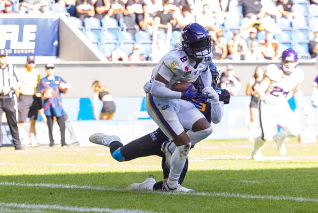 8 Darrell Stewart (Wide Receiver) Vienna Vikings run to the end zone. Vienna Vikings vs Panthers Wroclaw, American Football League Europe, Golden Bowl Final, 2026, 06.09.2026, Duisburg Schauinsland-Reisen-Arena Germany Copyright: xPFA ChristopherxMettkenx