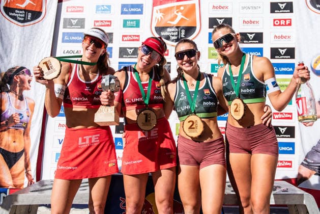 Beach volleyball, Beachvolleyball - MEVZA Schladming SCHLADMING,AUSTRIA,06.SEP.26 - BEACH VOLLEYBALL - win2day Tour PRO, MEVZA Schladming. Image shows Dorina klinger (AUT), Ronja Klinger (AUT) Magdalena Rabitisch (AUT) and Oleksandra Shkarupa (AUT).  GEPAxpictures xJulioxArellano