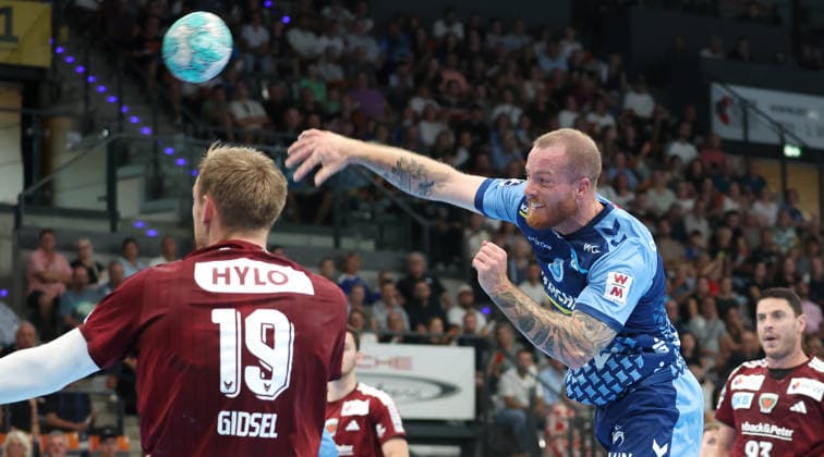 September 6, 2026, Germany, Stuttgart, Handball: TVB Stuttgart vs. Füchse Berlin; from left: Mathias Gisdel (Berlin), Patrick Zieker (TVB)