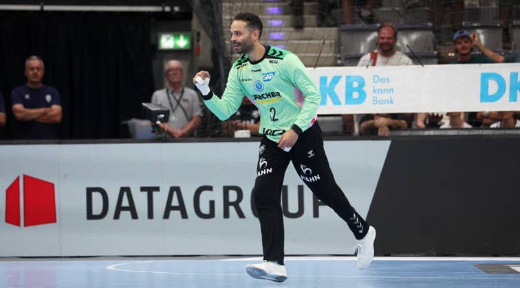 September 6, 2026, Germany, Stuttgart, Handball: TVB Stuttgart vs. Füchse Berlin; Mohamed Essam Moustafa El Tayar of TVB celebrates and pumps his fist