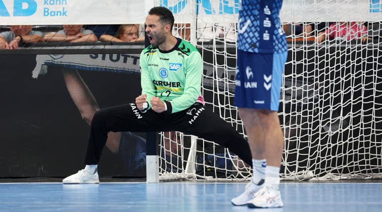 September 6, 2026, Germany, Stuttgart, Handball: TVB Stuttgart vs. Füchse Berlin; Mohamed Essam Moustafa El Tayar of TVB celebrates and pumps his fists