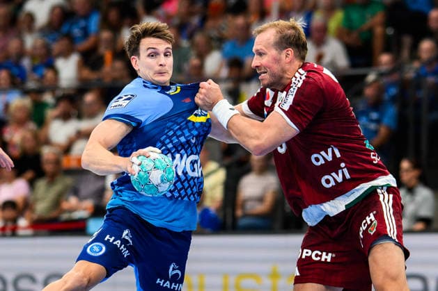 TVB Stuttgart vs. Füchse Berlin, Handball 1 Bundesliga, Men s, 2026–2027 Season, TVB Stuttgart vs. Füchse Berlin, Porsche Arena, Stuttgart s Max Häfner in action against Berlin s Max Darj, Stuttgart, Porsche Arena, Baden-Württemberg, Germany