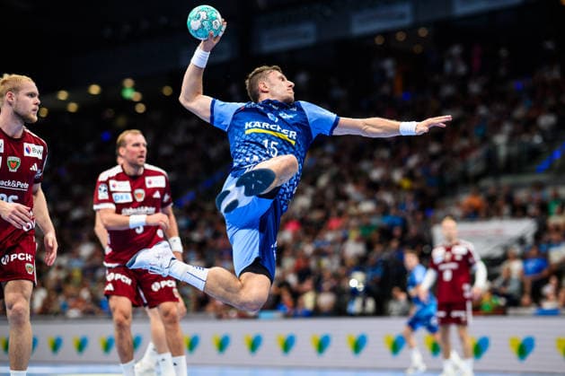 TVB Stuttgart vs. Füchse Berlin, Handball 1 Bundesliga, Men s, 2026–2027 Season, TVB Stuttgart vs. Füchse Berlin, Porsche Arena, Stuttgart, Simone Mengon in action, Stuttgart, Porsche Arena, Baden-Württemberg, Germany