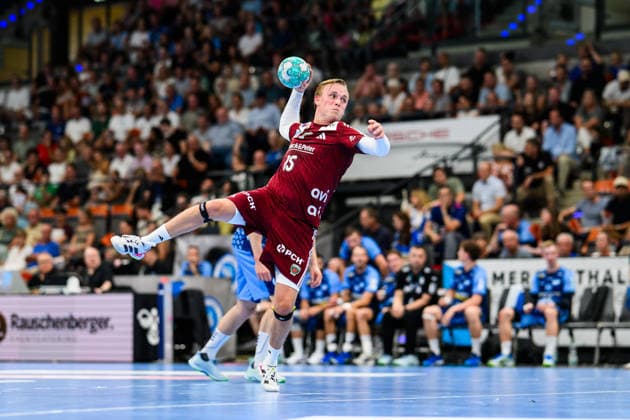 TVB Stuttgart vs. Füchse Berlin, Handball 1 Bundesliga, Men s, 2026–2027 Season, TVB Stuttgart vs. Füchse Berlin, Porsche Arena, Berlin s Tobias Grondahl in action, Stuttgart, Porsche Arena, Baden-Württemberg, Germany