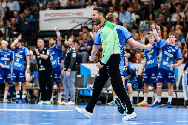 TVB Stuttgart vs. Füchse Berlin, Handball 1 Bundesliga, Men s, 2026–2027 Season, TVB Stuttgart vs. Füchse Berlin, Porsche Arena, Stuttgart goalkeeper Mohamed El Tayar celebrates, Stuttgart, Porsche Arena, Baden-Württemberg, Germany