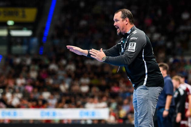 TVB Stuttgart vs. Füchse Berlin, Handball Bundesliga 1, Men s, 2026–2027 Season, TVB Stuttgart vs. Füchse Berlin, Porsche Arena, Stuttgart Coach Misha Kaufmann gesturing, Stuttgart, Porsche Arena, Baden-Württemberg, Germany