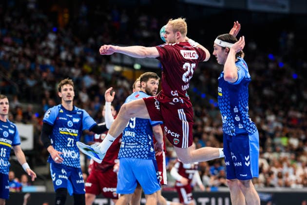 TVB Stuttgart vs. Füchse Berlin, Handball 1 Bundesliga, Men s, 2026–2027 Season, TVB Stuttgart vs. Füchse Berlin, Porsche Arena: Berlin s Matthes Langhoff in action against Stuttgart s Kasper Lien, Stuttgart, Porsche Arena, Baden-Württemberg, Germany