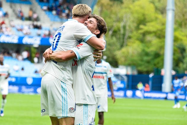 FOOTBALL : ESTAC Troyes x AS Monaco - Ligue 1 - JournÃ e 03 - 06 09 2026 Joie des joueurs du RC de Strasbourg aprÃ s le Conrad Harder (RC Strasbourg) TroyesFrance  Copyright: xBaptistexAutissierx