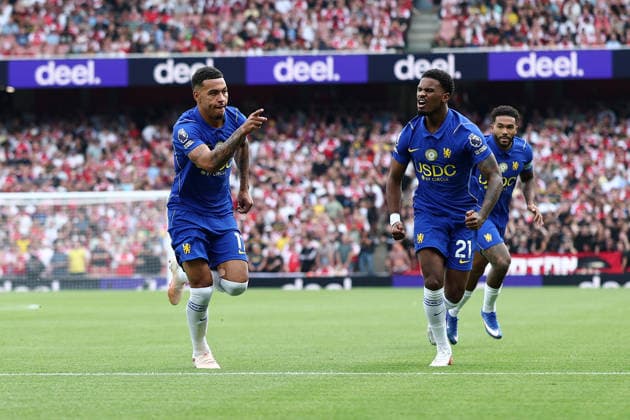London, England, 6th September 2026. Morgan Rogers of Chelsea celebrates scoring his sides opening goal during the Arsenal vs Chelsea Premier League match at the Emirates Stadium, London. Picture credit should read: David Klein Sportimage EDITORIAL USE ONLY. No use with unauthorised audio, video, data, fixture lists, club league logos or live services. Online in-match use limited to 120 images, no video emulation. No use in betting, games or single club league player publications. SPI_008_DK_Arsenal_Chelsea SPI-4978-0008