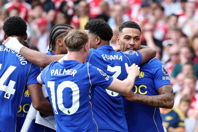 London, England, 6th September 2026. Morgan Rogers of Chelsea celebrates scoring his sides opening goal during the Arsenal vs Chelsea Premier League match at the Emirates Stadium, London. Picture credit should read: David Klein Sportimage EDITORIAL USE ONLY. No use with unauthorised audio, video, data, fixture lists, club league logos or live services. Online in-match use limited to 120 images, no video emulation. No use in betting, games or single club league player publications. SPI_018_DK_Arsenal_Chelsea SPI-4978-0018