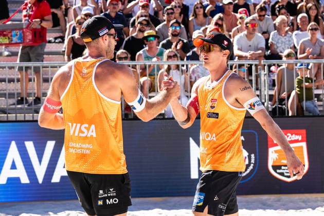 Beach volleyball, Beachvolleyball - MEVZA Schladming SCHLADMING,AUSTRIA,06.SEP.26 - BEACH VOLLEYBALL - win2day Tour PRO, MEVZA Schladming. Image shows Moritz Pristauz (AUT) and Phillip Waller (AUT).  GEPAxpictures xJulioxArellano