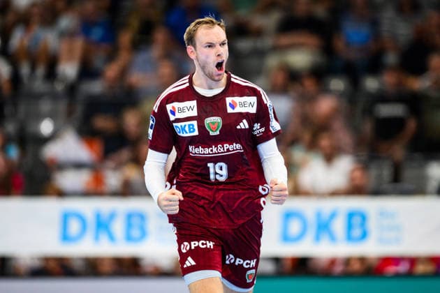 TVB Stuttgart vs. Füchse Berlin, Handball 1 Bundesliga, Men s, 2026–2027 Season, TVB Stuttgart vs. Füchse Berlin, Porsche Arena, Berlin s Mathias Gidsel celebrates, Stuttgart, Porsche Arena, Baden-Württemberg, Germany