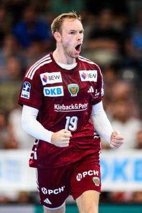 TVB Stuttgart vs. Füchse Berlin, Handball 1 Bundesliga, Men s, 2026–2027 Season, TVB Stuttgart vs. Füchse Berlin, Porsche Arena, Berlin s Mathias Gidsel celebrates, Stuttgart, Porsche Arena, Baden-Württemberg, Germany
