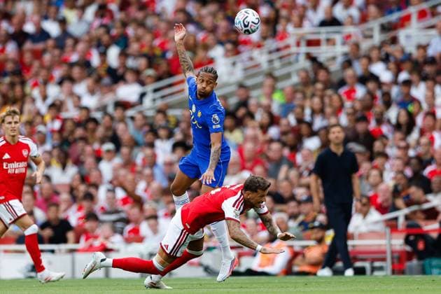Joao Pedro of Chelsea fouls Ben White of Arsenal and receives a yellow card Arsenal v Chelsea, Premier League, Football, Emirates Stadium, London, UK - 06 Sep 2026London Emirates Stadium United Kingdom EDITORIAL USE ONLY No use with unauthorised audio, video, data, fixture lists, club league logos or live services. Online in-match use limited to 120 images, no video emulation. No use in betting, games or single club league player publications. Copyright: xMattxImpey Shutterstockx 17137590h