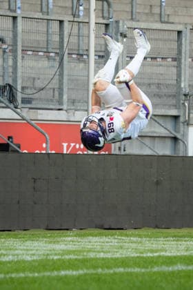 Germany, September 6, 2026, The AFLE Gold Bowl 2026: Panthers Wroclaw vs. Vienna Vikings, Schauinsland Reisen Arena, Duisburg, Germany—Vienna Vikings Florian Bierbaumer does a somersault in celebration, Duisburg, Germany Copyright: xMijoxLubecx