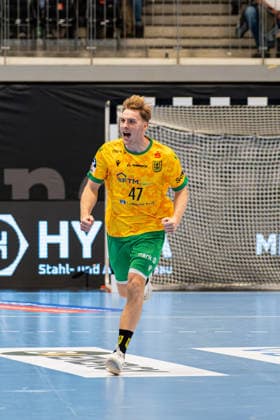 Hagen, Germany, September 6, 2026, 2nd HBL 2026–2027, Matchday 2: VfL Eintracht Hagen vs. HSC 2000 Coburg. Pictured: Dustin Kraus of Hagen celebrates after scoring a goal at Ischelandhalle in North Rhine-Westphalia. Copyright: xFotostandx xKruczynskix