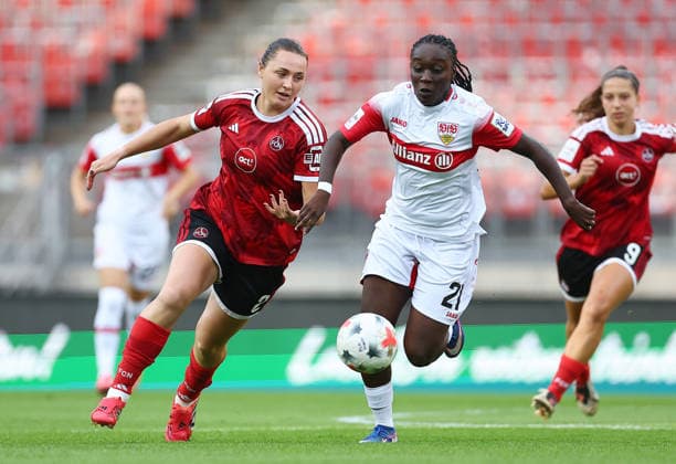 Varley Leia - Arouna Mira , 1.FC Nürnberg-VfB Stuttgart , Frauen Bundesliga , , Fußball , in dem Max Morlock Stadion in Nürnberg , Bayern , Deutschland . September 06 , 2026 . Photo by: Davide Elias IPA Photo Pressefoto DENL Copyright: xDavidexEliasx