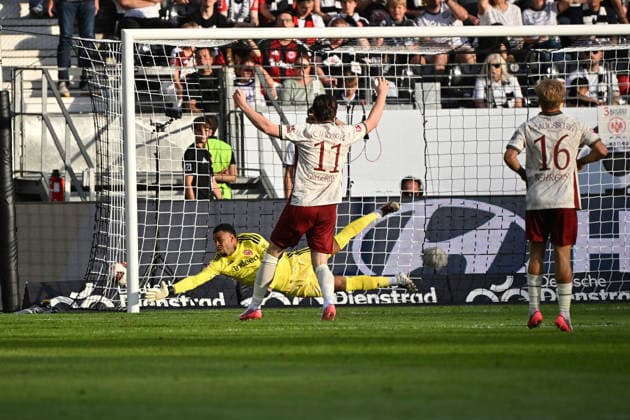 06.09.2026, xjhx, Fussball 1.Bundesliga, Eintracht Frankfurt - FC Augsburg v.l. Noah Atubolu (Eintracht Frankfurt) beim Tor zum 1:1 (DFL DFB REGULATIONS PROHIBIT ANY USE OF PHOTOGRAPHS as IMAGE SEQUENCES and or QUASI-VIDEO) Frankfurt am Main *** September 6, 2026, xjhx, Soccer, Bundesliga 1, Eintracht Frankfurt vs. FC Augsburg – Noah Atubolu of Eintracht Frankfurt scoring the 1–1 goal. DFL and DFB regulations prohibit any use of photographs as image sequences and or quasi-video. Frankfurt am Main