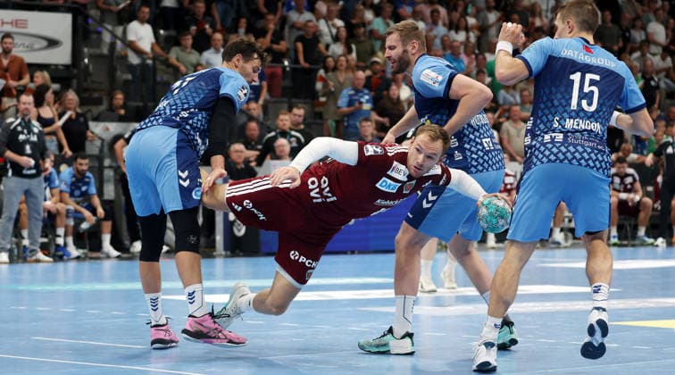September 6, 2026, Germany, Stuttgart, Handball: TVB Stuttgart vs. Füchse Berlin; Mathias Gidsel (Berlin) in the foreground