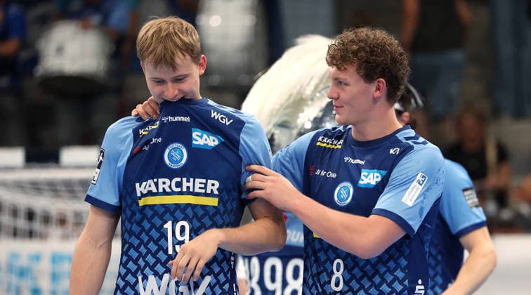 September 6, 2026, Germany, Stuttgart, Handball: TVB Stuttgart vs. Füchse Berlin; from left: Linus Schmid and Max Heydecke; TVB disappoints