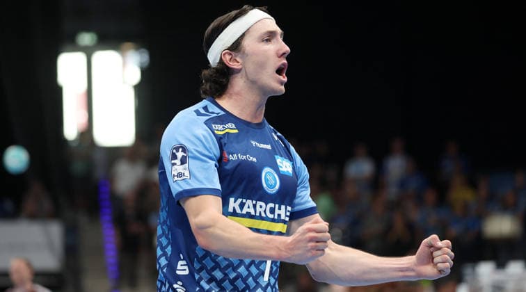 September 6, 2026, Germany, Stuttgart, Handball: TVB Stuttgart vs. Füchse Berlin; Kasper Thorsen Lien of TVB celebrates and pumps his fists
