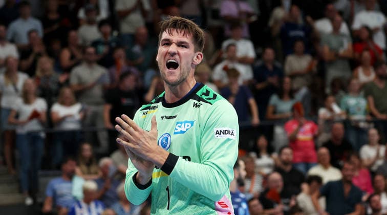 September 6, 2026, Germany, Stuttgart, Handball: TVB Stuttgart vs. Füchse Berlin; Mateusz Kornecki of TVB celebrates and pumps his fists