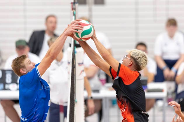 TVV Men s Cup Final: Blue Volleys Gotha vs. 1 VSV Jena 90, Erfurt, September 6, 2026; Richard Werner 2, Blue Volleys Gotha vs. Finn Kazuch 8, 1 VSV Jena 90; TVV Men s Cup Final: Blue Volleys Gotha vs. 1 VSV Jena 90, Riethsporthalle, Erfurt, September 6, 2026 Copyright: xBEAUTIFULxSPORTS Duehringx