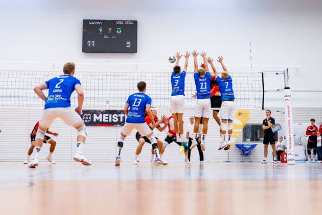September 6, 2026, GER, Volleyball, Men, Season 26, Thuringia Cup Final, Volleyball Day, Blue Volleys Gotha vs. VSV Jena 90 Christoph Assmann Blue Volleys Gotha, 3, Tim Wagner Blue Volleys Gotha, 11, Hannes Krochmann, Blue Volleys Gotha, 7, blocks the attack 99089 Erfurt Sports Hall, Rieths Sports Complex, Thuringia, Germany