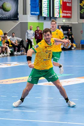 Hagen, Germany, September 6, 2026, 2nd HBL 2026–2027, Match 2: VfL Eintracht Hagen vs. HSC 2000 Coburg. Pictured: Pierre Busch of Hagen taking a penalty throw at the Ischelandhalle in North Rhine-Westphalia. Copyright: xFotostandx xKruczynskix