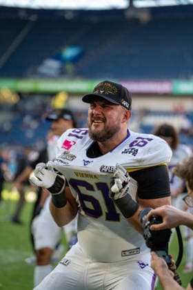 Germany, September 6, 2026, The AFLE Gold Bowl 2026: Panthers Wroclaw vs. Vienna Vikings, Schauinsland Reisen Arena, Duisburg. Vienna Vikings Aleksandar Milanovic celebrates the victory, Duisburg, Germany Copyright: xMijoxLubecx