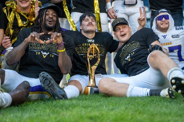 Germany, September 6, 2026, The AFLE Gold Bowl 2026: Panthers Wroclaw vs. Vienna Vikings, Schauinsland Reisen Arena, Duisburg; Vienna Vikings Marloshawn Franklin Jr. with Vienna Vikings Luca Siebert and Vienna Vikings Elmeri Laalo, and the trophy, Duisburg, Germany Copyright: xMijoxLubecx