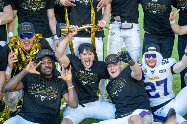 Germany, September 6, 2026, The AFLE Gold Bowl 2026: Panthers Wroclaw vs. Vienna Vikings, Schauinsland Reisen Arena, Duisburg—Vienna Vikings Marloshawn Franklin Jr. with Vienna Vikings Luca Siebert and Vienna Vikings Elmeri Laalo, along with the trophy Copyright: xx