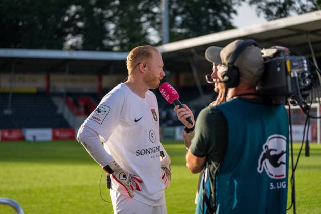 Maximilian Reule, SG Sonnenhof Großaspach, No. 1, in an interview with Magenta Sport after the game, SG Sonnenhof Großaspach vs. TSG 1899 Hoffenheim II, soccer, 3rd Division, Matchday 4, September 6, 2026, DFB regulations prohibit any use of photographs as image sequences and or quasi-video. Aspach, Baden-Württemberg, Germany Copyright: xkolbert-press PhilipxZieglerx